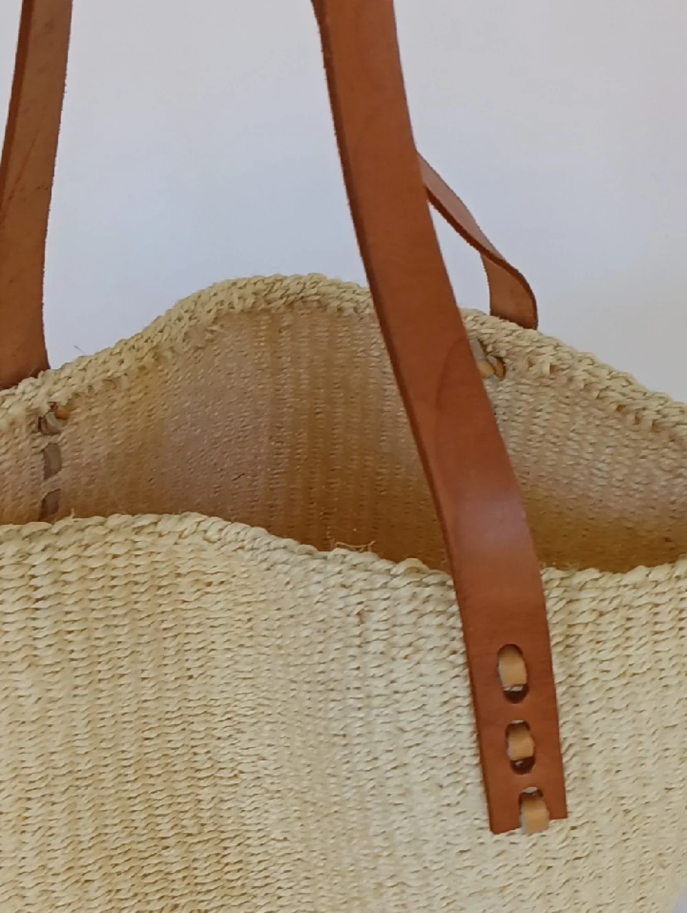 Handwoven Sisal Kenyan Kiondo Market Basket Bag Leather Handles